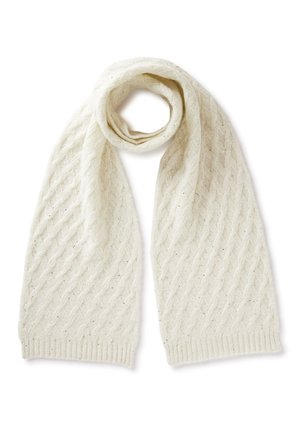 Sciarpa a maglia color crema con un motivo a diamante testurizzato, adornata da sottili riflessi luminosi e estremità a coste.