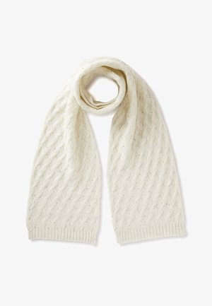 Słomkowy, dziergany szalik w kolorze kremowym, z teksturowanym wzorem w diamenty, ozdobiony subtelnymi akcentami blasku i ściągaczami na końcach.