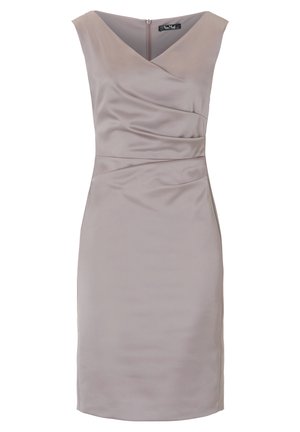 Abito senza maniche color taupe con scollatura a V, dettaglio in vita arricciato e zip nascosta sul retro. Tessuto liscio simile a satin con silhouette aderente.