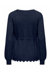 Mornar azul pleteni pulover s округлим izrezom, dugim rukavima i zaobljenim rubom s tri dekorativne kravate na leđima.