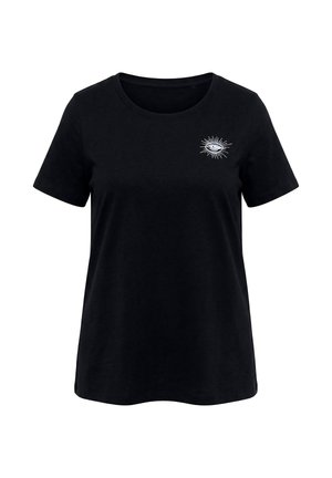 T-shirt noir à manches courtes et col rond avec un petit œil blanc entouré de rayons imprimé sur la partie gauche de la poitrine.