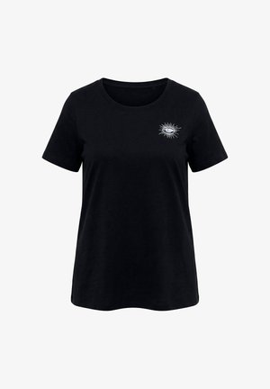 T-shirt noir à manches courtes et col rond avec un petit œil blanc entouré de rayons imprimé sur la partie gauche de la poitrine.