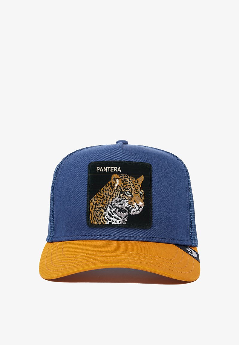Cap with a blue crown and orange brim. Features an embroidered tiger patch on the front with the word "PANTERA" above. Textured fabric.