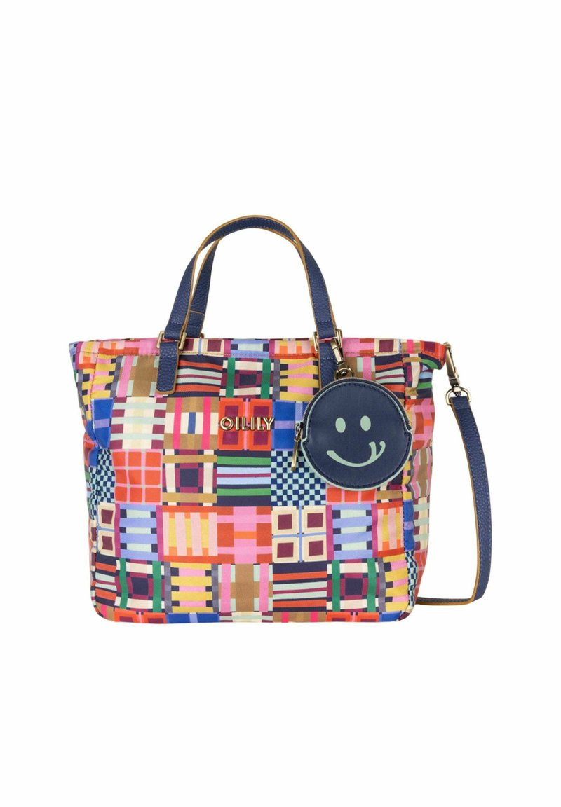 Borsa a spalla colorata con motivi a quadretti multicolori, dettagli blu, manici in pelle e una pochette rotonda blu con zip che presenta una faccina sorridente.