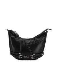 Borsa a spalla in pelle nera con chiusura a zip, caratterizzata da un design testurizzato, dettagli in metallo argentato e spallacci regolabili.