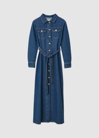 Robe-chemise en denim à manches longues, boutonnée sur le devant, avec deux poches poitrine, une taille ceinturée et une silhouette droite en bleu foncé.