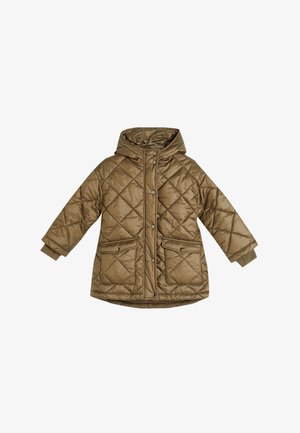 Veste matelassée marron avec capuche, dotée de boutons-pression, de deux poches avant et de poignets côtelés. Tissu lisse et brillant avec un motif en diamant.