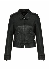 Czarna skórzana kurtka z kołnierzykiem, zapinana na zamek z przodu, z dwoma pionowymi kieszeniami na zamek. Posiada naramienniki i długie rękawy.