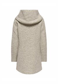 Manteau beige clair en tissu texturé, avec un large col drapé, des manches longues et une silhouette générale ample. Pas de fermetures visibles.