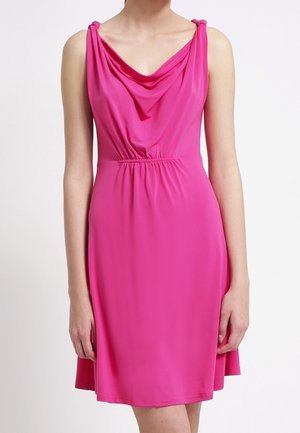 Fuchsia sleeveless dress with draped neckline, cinched waist, and flared skirt. Made of smooth fabric with a soft texture.