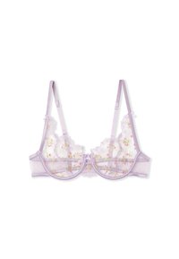 Lavender bra made of sheer mesh with floral embroidery, lace trim, and adjustable satin straps. Features underwire and polka dot accents.