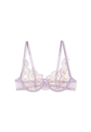 Lavender bra made of sheer mesh with floral embroidery, lace trim, and adjustable satin straps. Features underwire and polka dot accents.