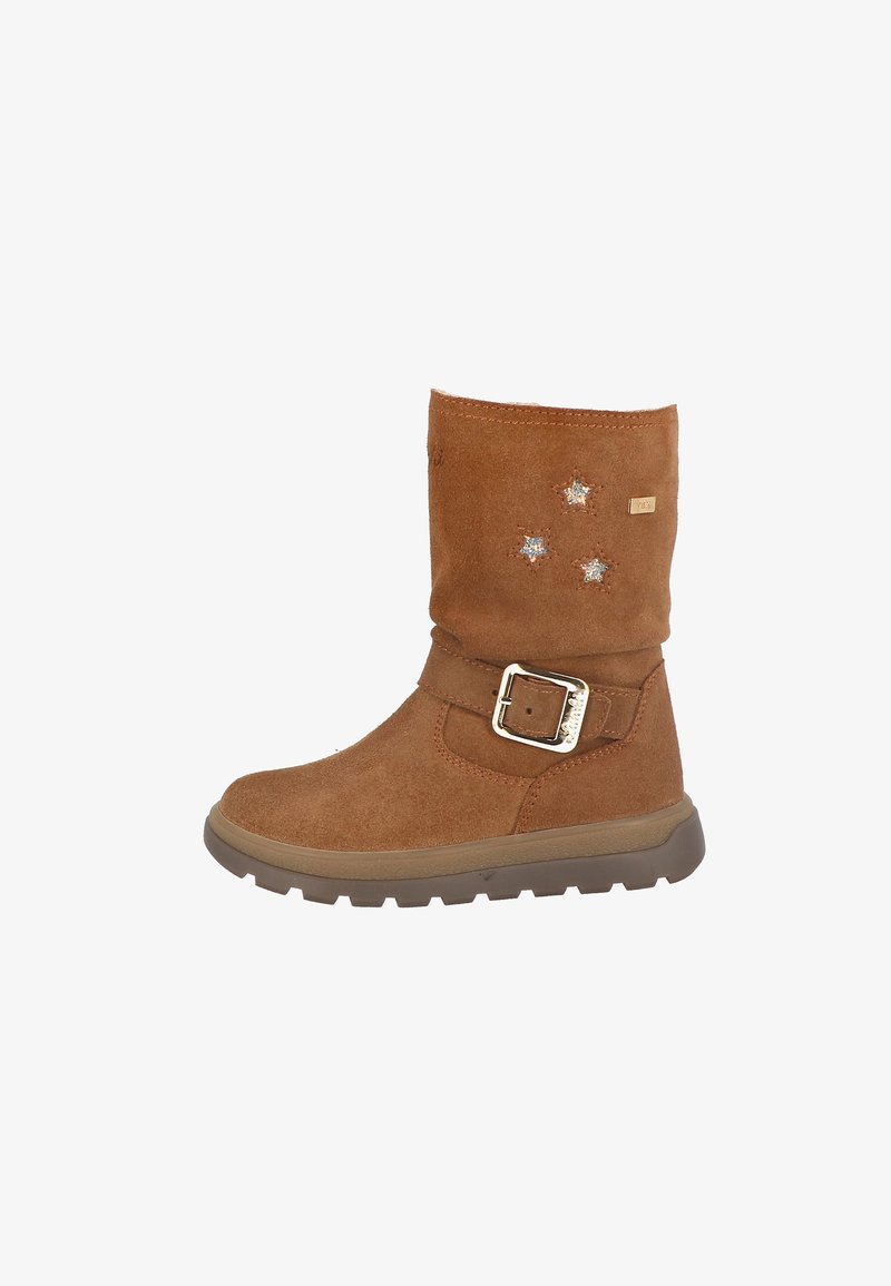Botte mi-mollet en daim marron avec une sangle à boucle, découpes en forme d’étoile avec paillettes et semelle épaisse en caoutchouc.