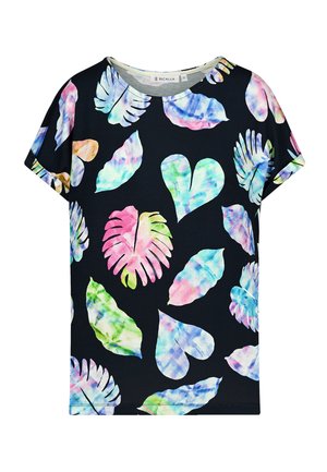 Schwarzes Kurzarm-T-Shirt mit einem bunten Blatt- und Herzmuster in sanften Pastelltönen, hergestellt aus weichem, strukturiertem Stoff. Rundhalsausschnitt-Design.