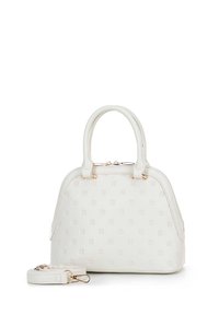 Witte leren handtas met een gestructureerde, ronde vorm, voorzien van reliëfpatronen, goudkleurige hardware en een afneembare schouderband.