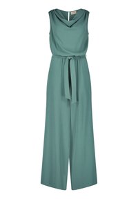 Ärmelloser türkisfarbener Jumpsuit mit Schalkragen, hoher Taille und passendem Bindegürtel. Weit geschnitten mit glatter, strukturierter Stoffqualität und einem Schlüsselloch-Rückenverzierung.