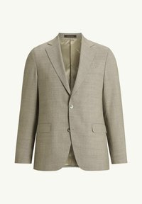 Blazer grigio chiaro realizzato in tessuto testurizzato, con rever a punta, due tasche frontali e chiusura con un solo bottone. Foderato in tessuto beige.