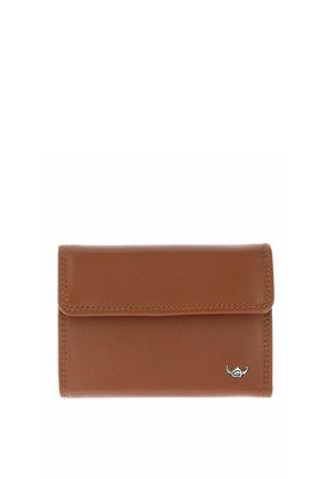 Braune Leder-Brieftasche zum Umklappen mit sichtbaren Nähten und einem kleinen silbernen Hörner-Logo in der unteren rechten Ecke.