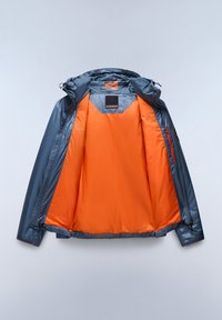 Water-resistant jacket featuring a navy exterior and bright orange lining, with zippers, adjustable hood, and textured fabric.