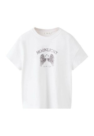 Hvid bomuld t-shirt med korte ærmer, rundet halsudskæring og et centralt motiv med vinger og ordet "MOONLIGHT" i grå.