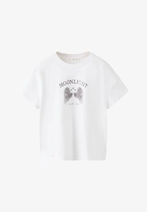 Hvid bomuld t-shirt med korte ærmer, rundet halsudskæring og et centralt motiv med vinger og ordet "MOONLIGHT" i grå.