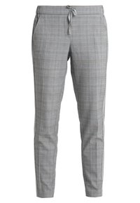 Szare spodnie w kratę z elastycznym pasem, posiadające kieszenie i tapered fit. Materiał ma gładką fakturę z plecionymi wzorami.