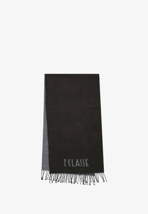 Sciarpa nera e grigia con una texture morbida, caratterizzata da bordi frangiati e logo "T'Classe" grigio in basso. Forma rettangolare.