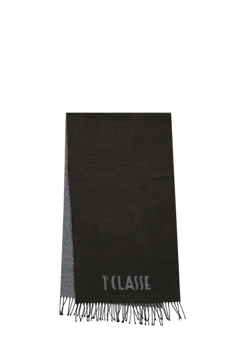 Sciarpa nera e grigia con una texture morbida, caratterizzata da bordi frangiati e logo "T'Classe" grigio in basso. Forma rettangolare.