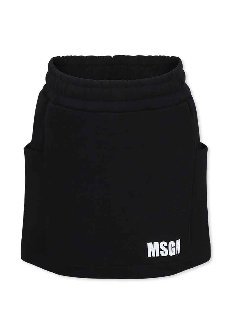 Gonna mini in cotone nero con vita elastica, due tasche laterali e logo bianco "MSGM" in basso a destra. Tessuto morbido, design semplice.