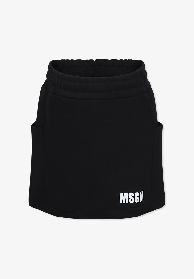 Gonna mini in cotone nero con vita elastica, due tasche laterali e logo bianco "MSGM" in basso a destra. Tessuto morbido, design semplice.