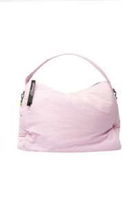 Roze, zachte stoffen handtas met een ronde vorm, een enkele schouderband en gerimpelde details. Heeft een ritssluiting en een logo-accent.