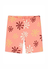 Szorty w kolorze brzoskwiniowym z wzorem promieni słonecznych w ciemnej czerwieni, żółtym i białym. Wykonane z miękkiego materiału z elastycznym paskiem w talii.