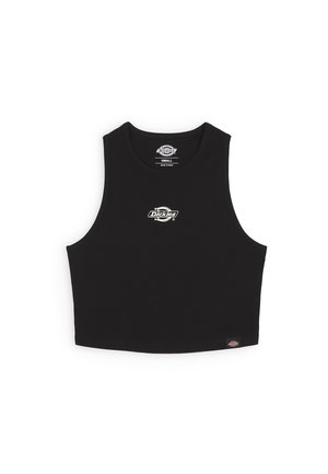 Zwarte korte tanktop van katoen, met een ronde halslijn en armsgaten. Gedrukt logo aan de voorkant en een label op de onderste zoom.