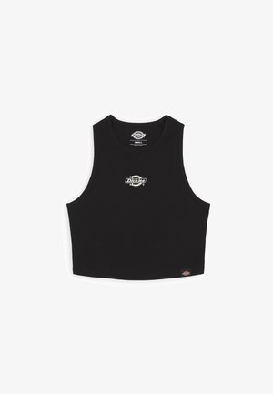 Svart avkortet tanktopp laget av bomull, med rund halsutringning og armhull. Trykt logo på forsiden og et merke på den nedre kanten.