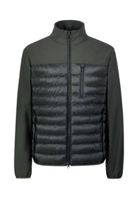 Giacca nera con metà inferiore imbottita e metà superiore liscia, collo alto, cerniera integrale e tasca sul petto con zip.