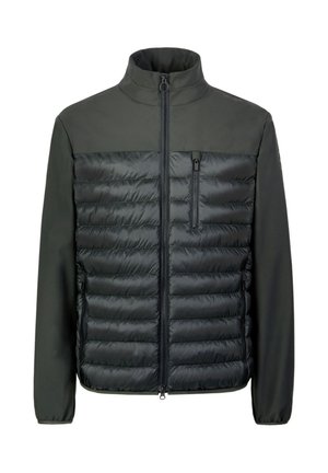 Giacca nera con metà inferiore imbottita e metà superiore liscia, collo alto, cerniera integrale e tasca sul petto con zip.