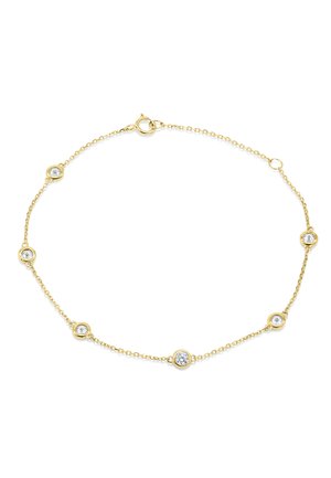 Delicate gold chain bracelet with six evenly spaced round clear gemstones, secured with a spring ring clasp on a white background.