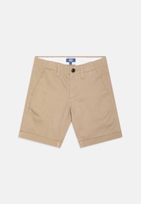 Shorts en coton beige avec un devant plat, deux poches latérales, une fermeture à bouton et des revers. Présente une étiquette sur la taille.