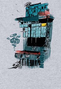 Grafické umění budovy s tyrkysovými a červenými akcenty, velkými okny, převislou střechou a graffiti prvky na šedém pozadí.