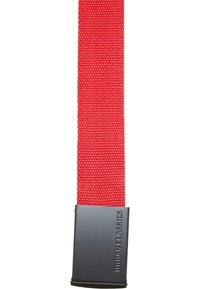 Red woven fabric belt with a square metallic black buckle featuring embossed branding. Textured surface, sturdy design, and minimalistic style.