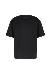 Schwarz, kurzärmliges T-Shirt aus weichem Stoff. Verfügt über einen Rundhalsausschnitt und eine lockere Passform. Einfaches Design ohne sichtbare Muster oder Akzente.