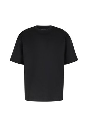 Schwarz, kurzärmliges T-Shirt aus weichem Stoff. Verfügt über einen Rundhalsausschnitt und eine lockere Passform. Einfaches Design ohne sichtbare Muster oder Akzente.