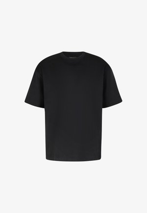 Zwarte T-shirt met korte mouwen, gemaakt van zachte stof. Beschikt over een ronde hals en een ontspannen pasvorm. Eenvoudig ontwerp zonder zichtbare patronen of accenten.