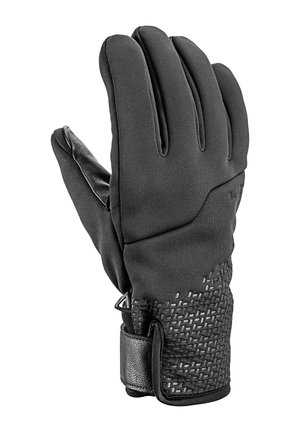 Schwarzer isolierter Winterhandschuh mit strukturiertem Griff im Handgelenkbereich und verstellbarem Riemenverschluss.