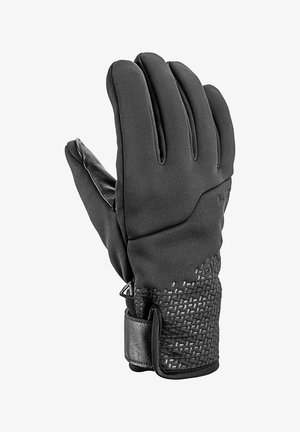 Schwarzer isolierter Winterhandschuh mit strukturiertem Griff im Handgelenkbereich und verstellbarem Riemenverschluss.