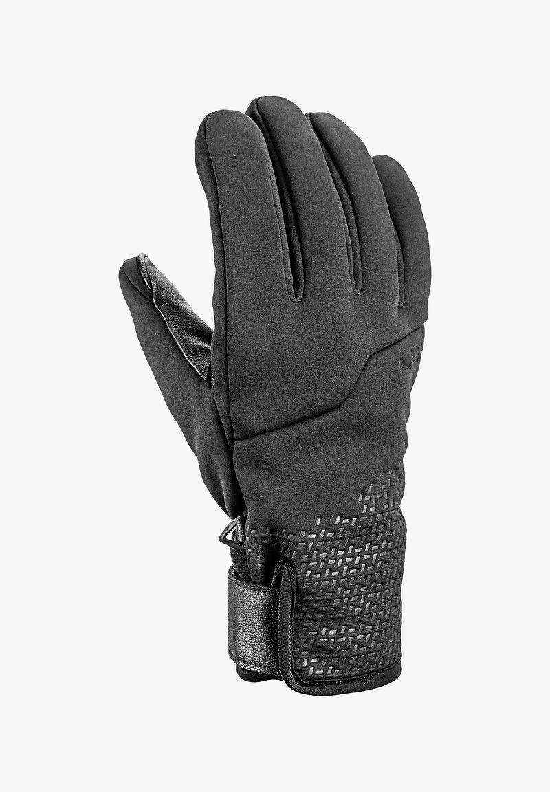 Schwarzer isolierter Winterhandschuh mit strukturiertem Griff im Handgelenkbereich und verstellbarem Riemenverschluss.