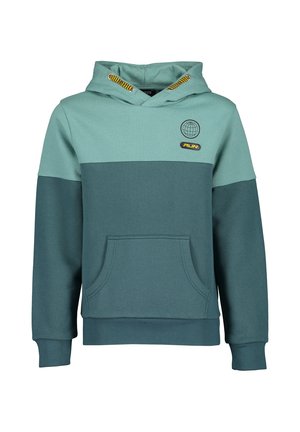 Sweat à capuche vert bicolore avec poche avant, cordons jaunes et noirs, et petit globe ainsi que logo "RUN" sur le côté gauche de la poitrine.