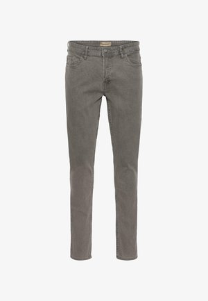 Hallide denim teksad, kitsas sobivus, traditsiooniline viie tasku stiil ja nööbiga sulgemine vöökohtadel. Sile tekstuur, ei ole kaunistusi.