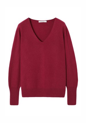 Burgundy sweater made from soft fabric with a deep V-neck, long sleeves, and a relaxed fit. Ribbed hem and cuffs add subtle texture.
