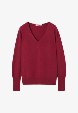 Pull bordeaux en tissu doux avec un décolleté en V profond, des manches longues et une coupe décontractée. L'ourlet et les poignets côtelés ajoutent une texture subtile.